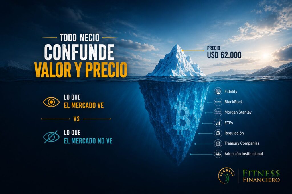 Iceberg mostrando la diferencia entre el precio de Bitcoin y los factores fundamentales que respaldan su valor, incluyendo ETFs, BlackRock, Fidelity y adopción institucional.
